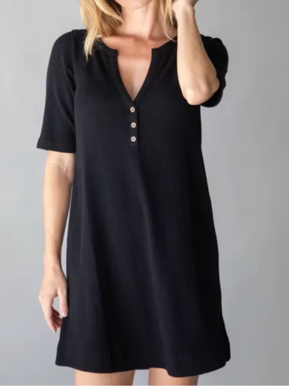 Natural Life Easy Street Henley Waffle Knit T-Shirt Dress in Black Small